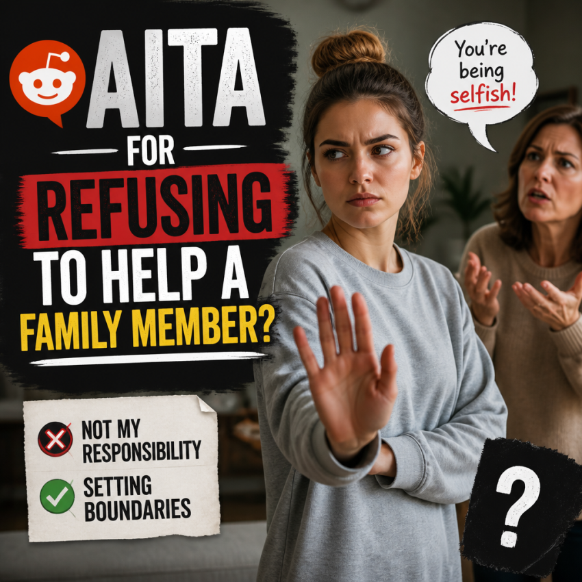 AITA-style post graphic about refusing to help a family member and setting boundaries despite being called selfish