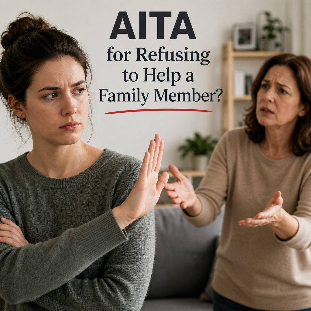 Young woman refusing to help an older family member during a tense conversation