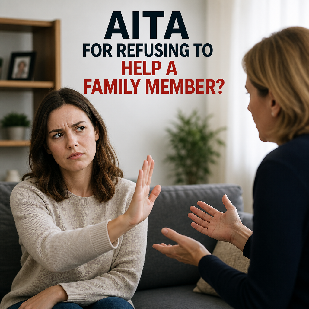 Woman at home refusing to help a family member during a serious conversation.