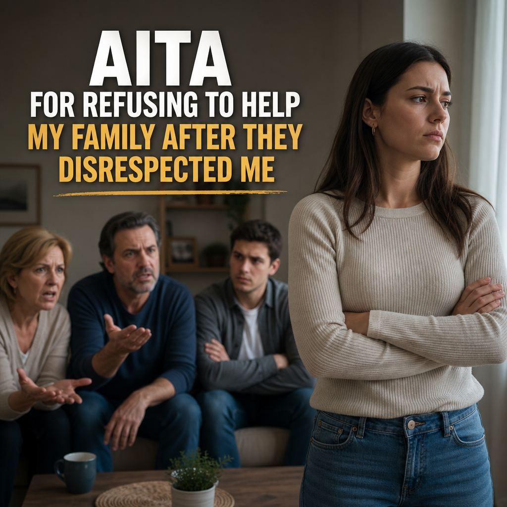 Woman standing apart from her family, looking upset as tension and conflict flare over her refusal to help