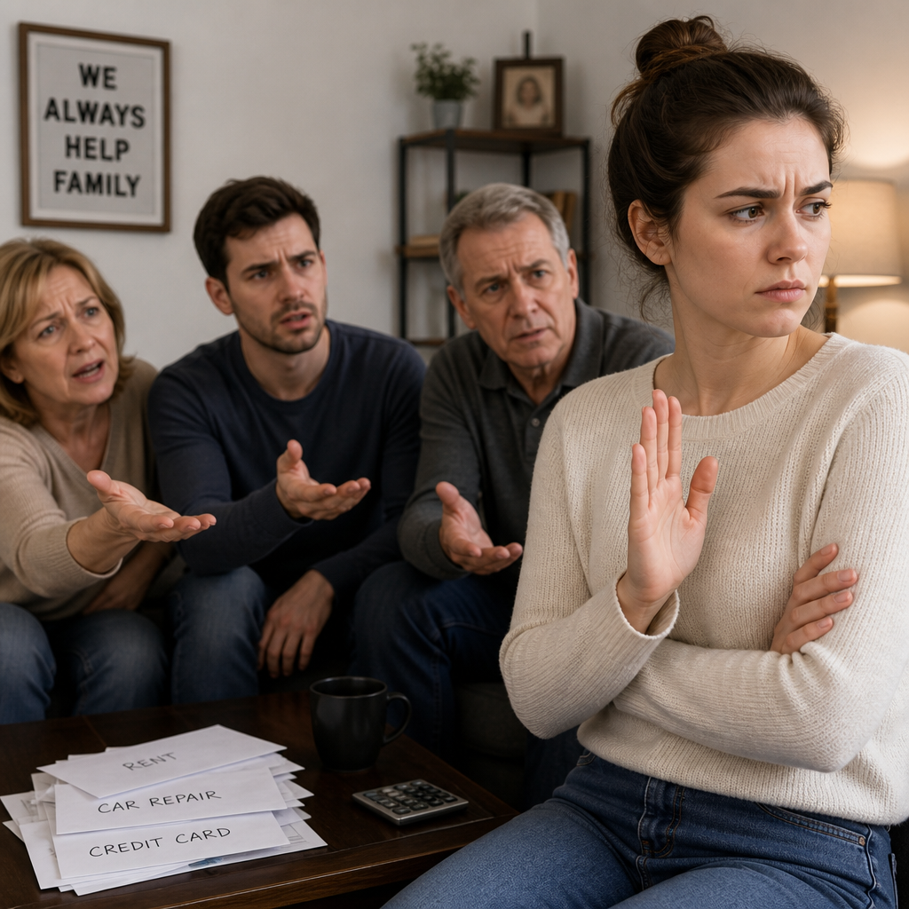 Family members discussing finances and bills at home, looking tense during a serious conversation.