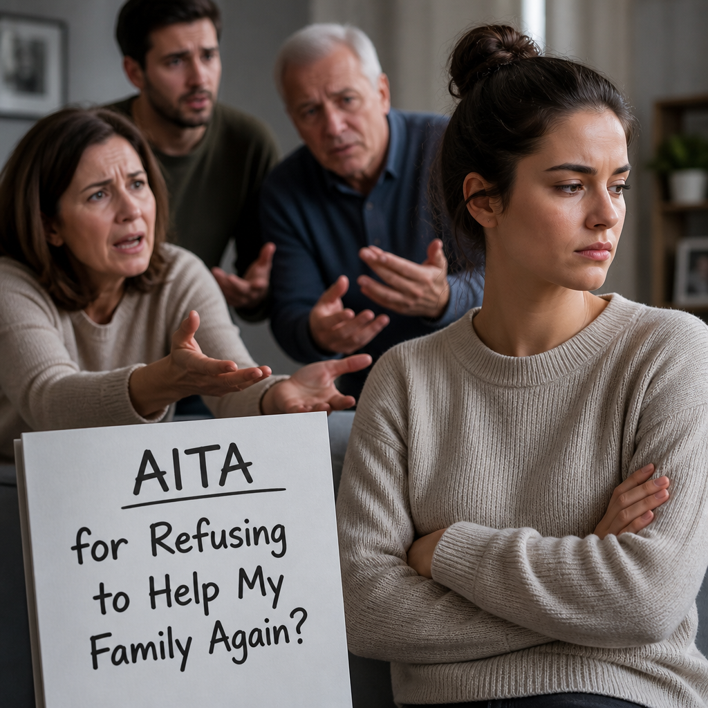 Young woman refusing to help while her family argues in the background, in AITA story format.