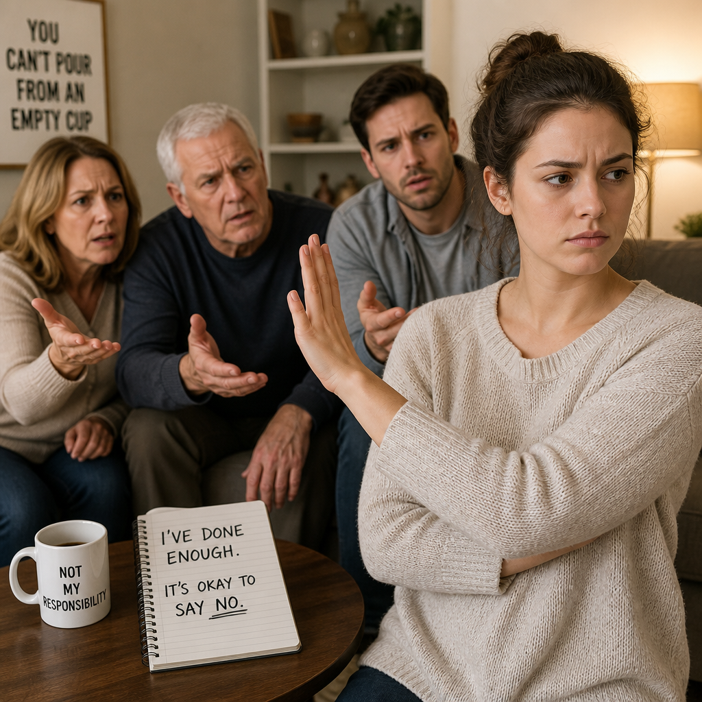 Young woman calmly setting boundaries with her family during a serious home conversation.