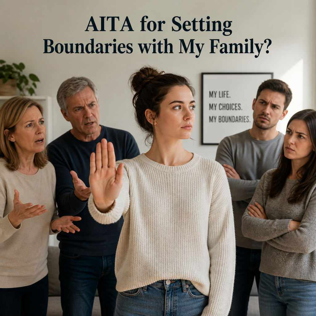 Young woman calmly setting family boundaries during a serious discussion with relatives