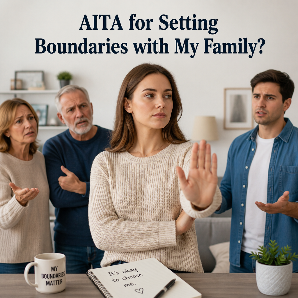 Young woman calmly setting family boundaries during a serious conversation with her relatives
