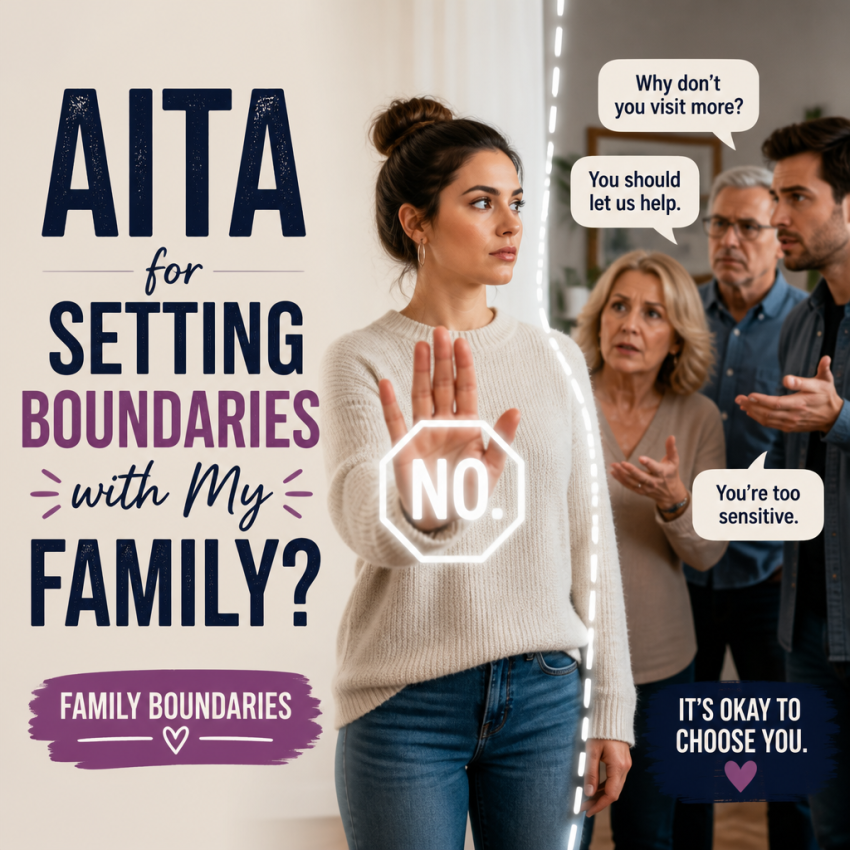 Woman calmly setting family boundaries while relatives look concerned around her