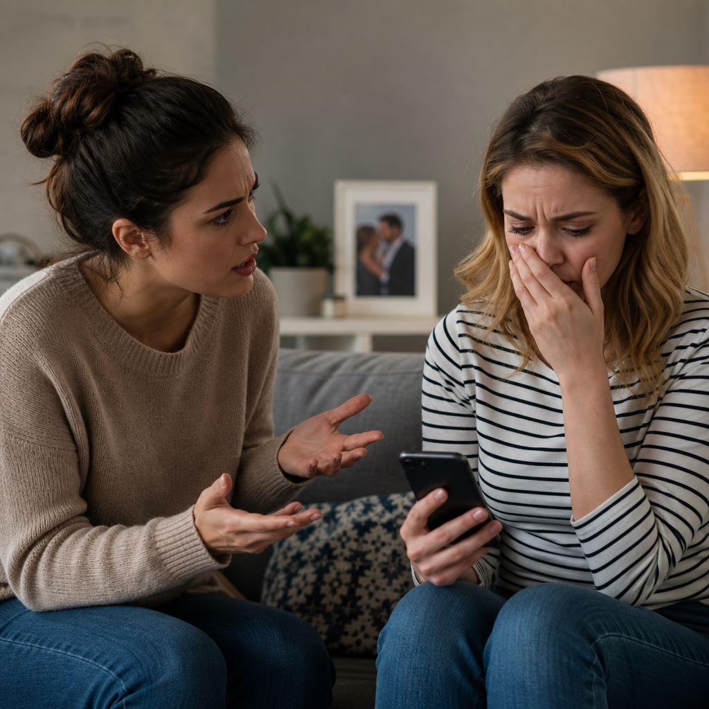 Two women in an emotional conversation, one upset and the other offering comfort.