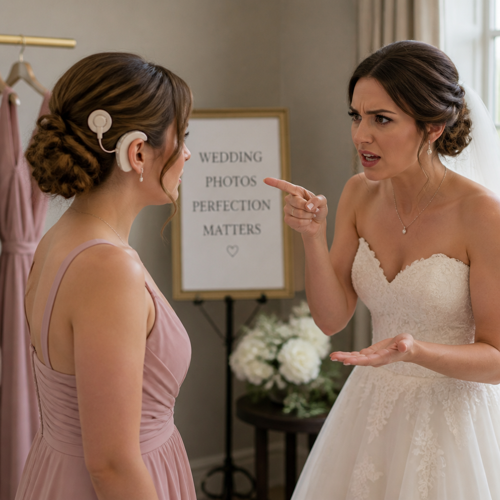 Bride angrily confronting a bridesmaid during wedding prep over her cochlear implant