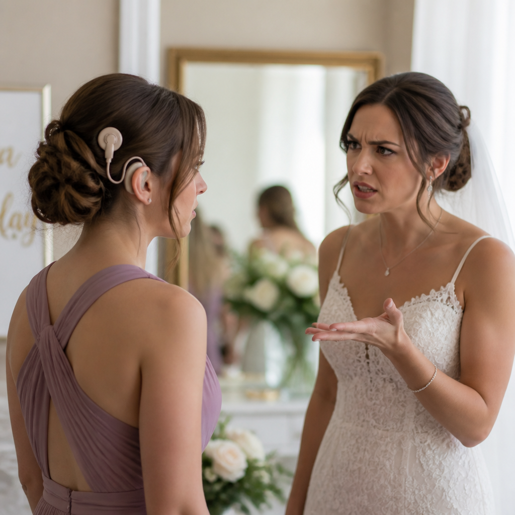Bride in white wedding dress arguing with bridesmaid wearing a hearing aid at the wedding.