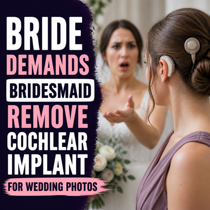 Bride confronting a bridesmaid about removing her cochlear implant for wedding photos