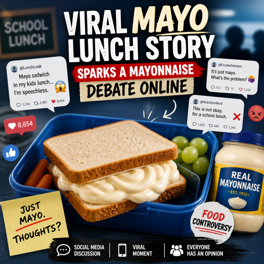 School lunch tray with a mayonnaise sandwich, highlighting a viral lunch story and online debate.