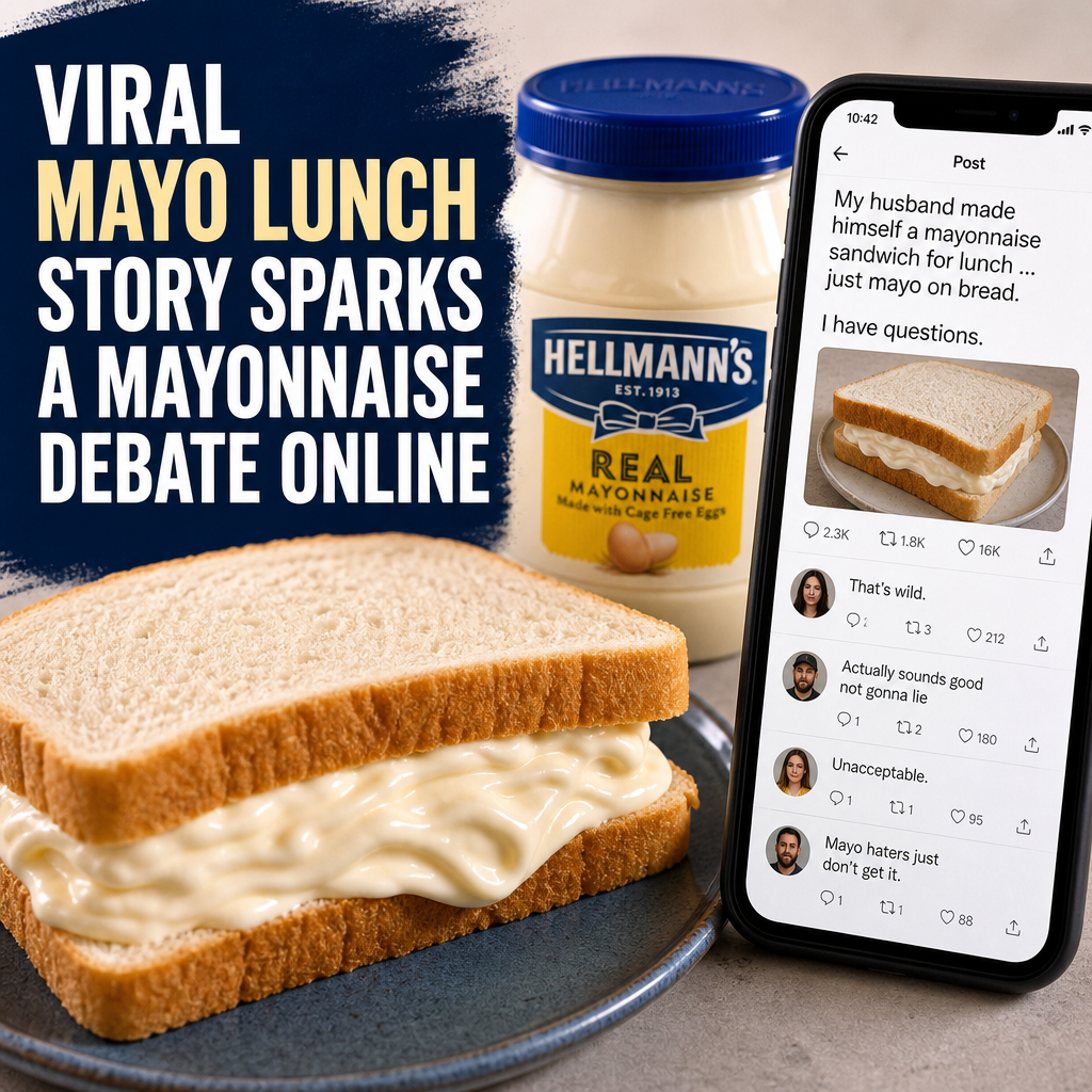 Lunchbox with a mayonnaise sandwich beside a Hellmann’s mayonnaise jar, highlighting an online food debate.